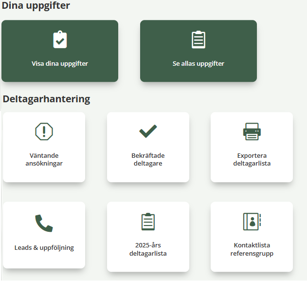 Dashboard för uppgifter och deltagarhantering i Allas Skog